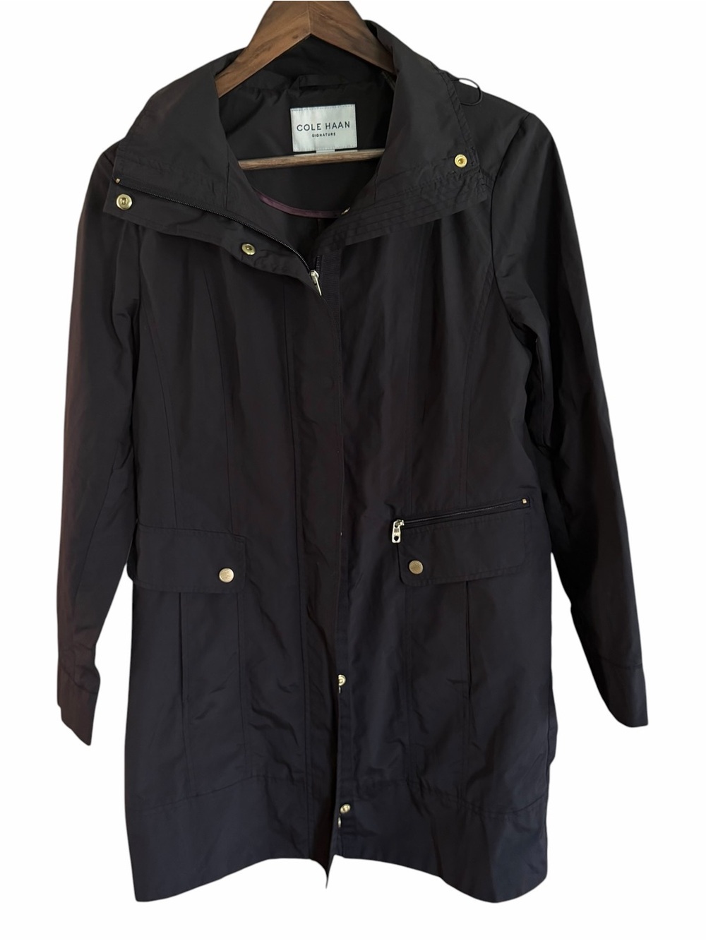 Cole Haan Signature Black Hooded Rain Jacket Womens Small Petite Zip Coat - Picture 4 of 12